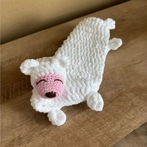 Crocheted White and Pink Polyester Lovey Bear Blanket